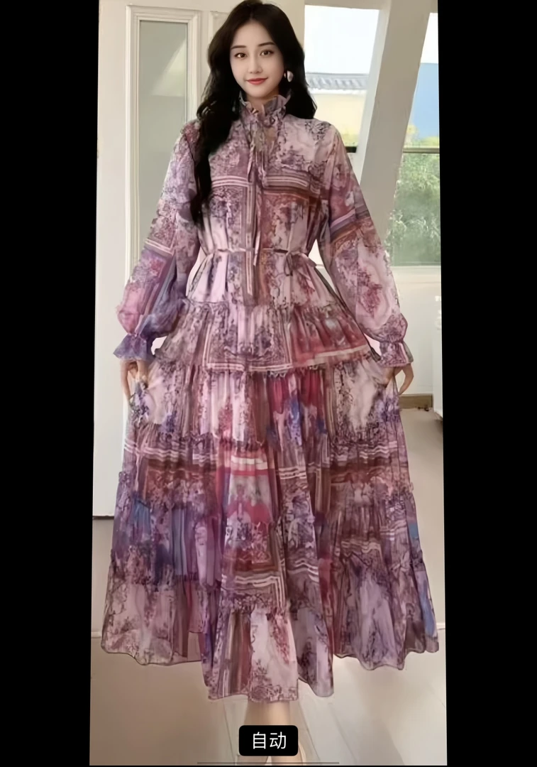 优雅长裙气质名媛做旧长袖印花长款连衣裙女装【 1911# - 紫色花】