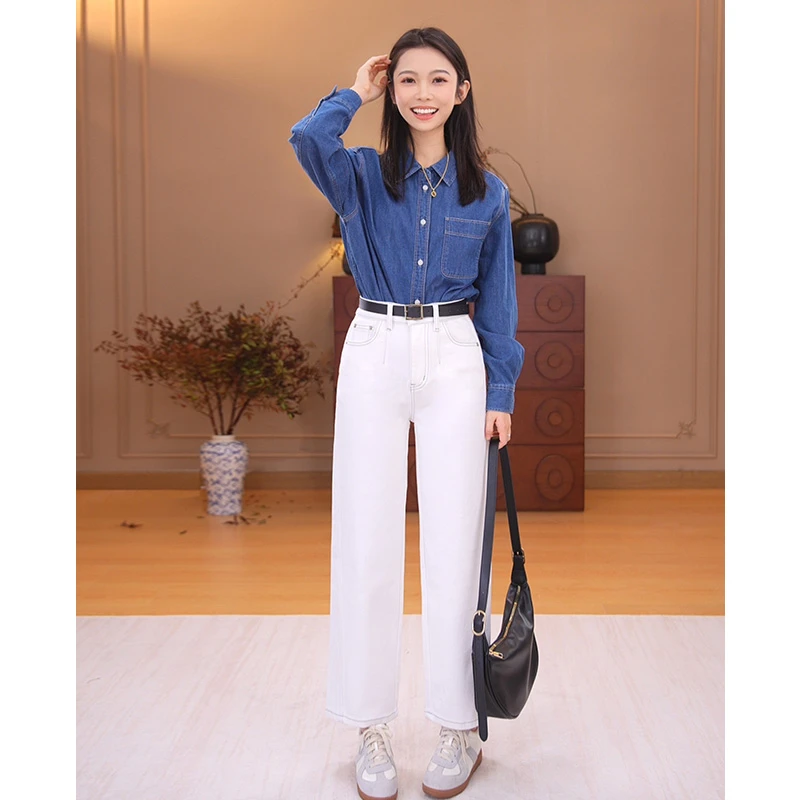 【JEAN ONE】2025新款·立体剪裁明线设计奶白色小直筒牛仔裤-J099