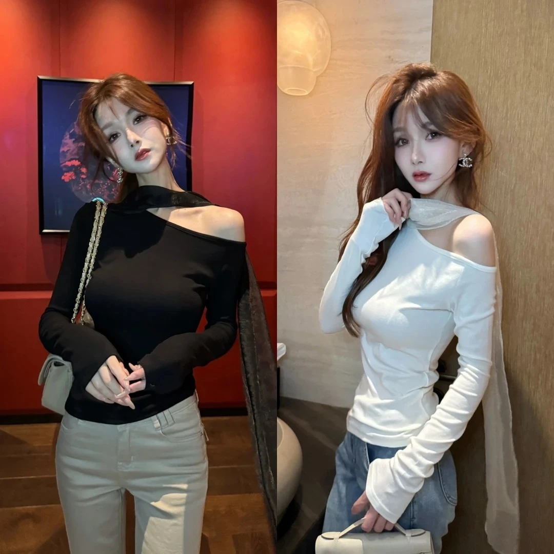 纯欲感丝巾飘带挂脖长袖T恤衫女早秋氛围感巨好看的斜肩显瘦上衣