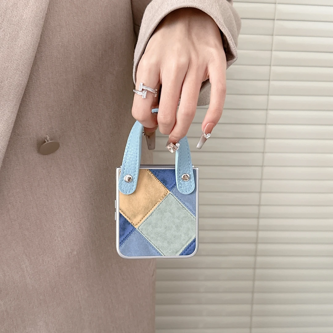 复古撞色皮纹适用小米MixFlip折叠手机壳手提手绳防摔保护套潮女