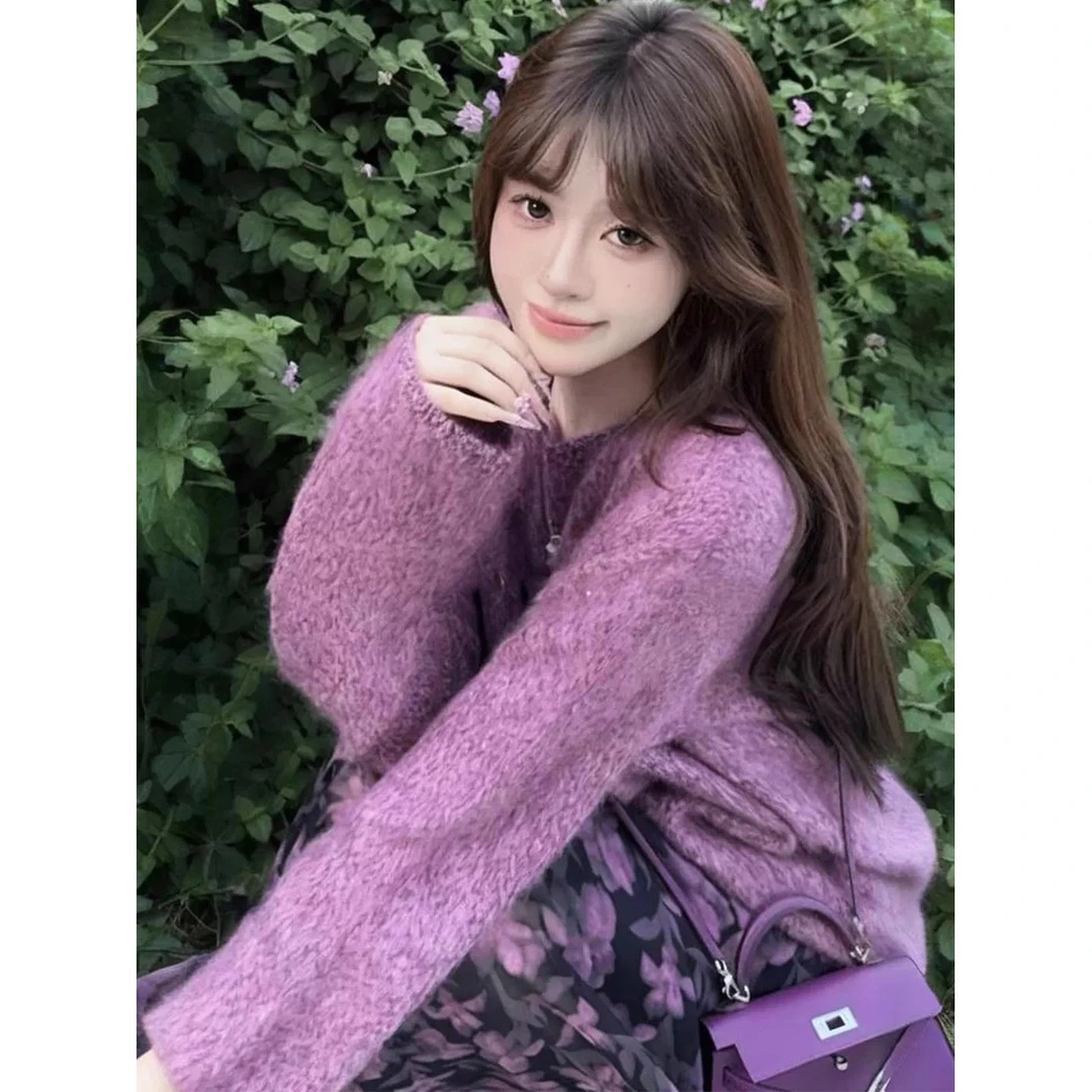 浪漫绝绝紫！韩版针织衫女秋冬季新款宽松慵懒风圆领毛衣百搭上衣