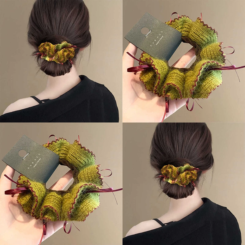 彩织心事~森系果绿针织发圈毛绒大肠发圈双层软糯高端弹力盘发器