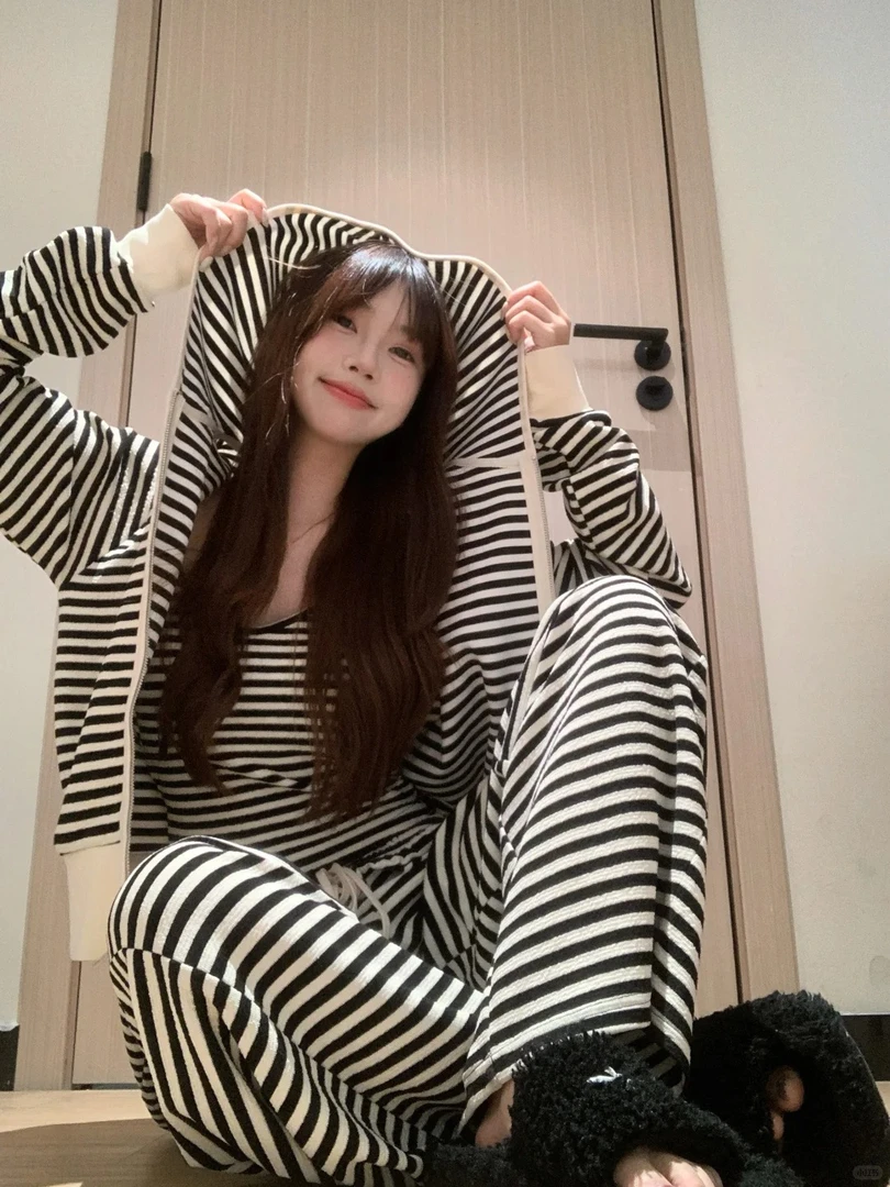 【DMXJ大梦想家】甜美慵懒条纹带胸垫睡衣女夏季款修身三件套家居服