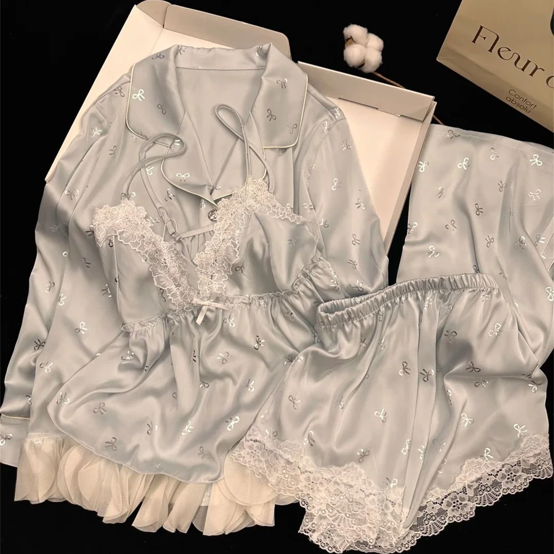 【带胸垫蝴蝶结】蕾丝冰丝睡衣春秋法式轻奢吊带长袖家居服套装大码