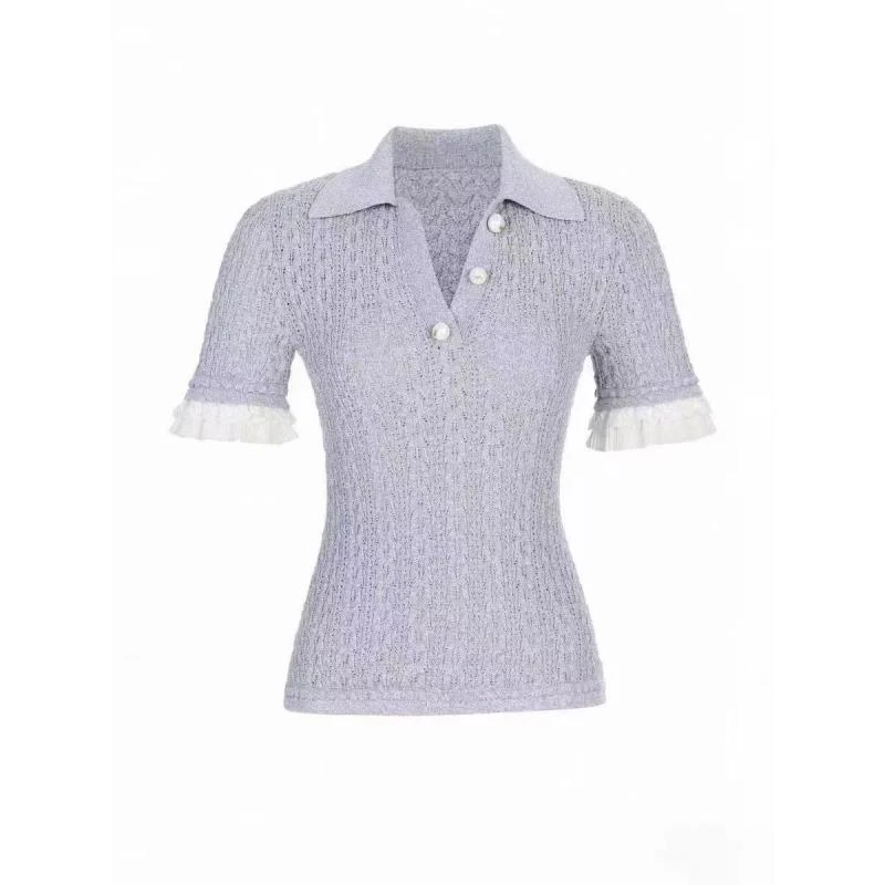 辰辰辰小店浅灰色蕾丝拼接polo短袖针织衫半裙