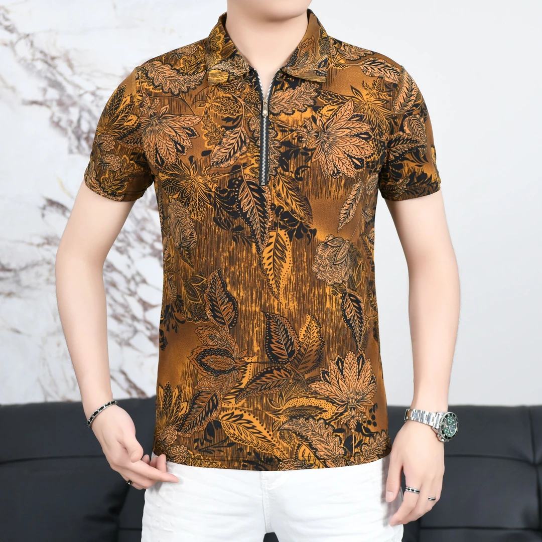 欧货男装时尚休闲夏季薄款翻领轻奢拉链百搭透气半袖潮流修身型