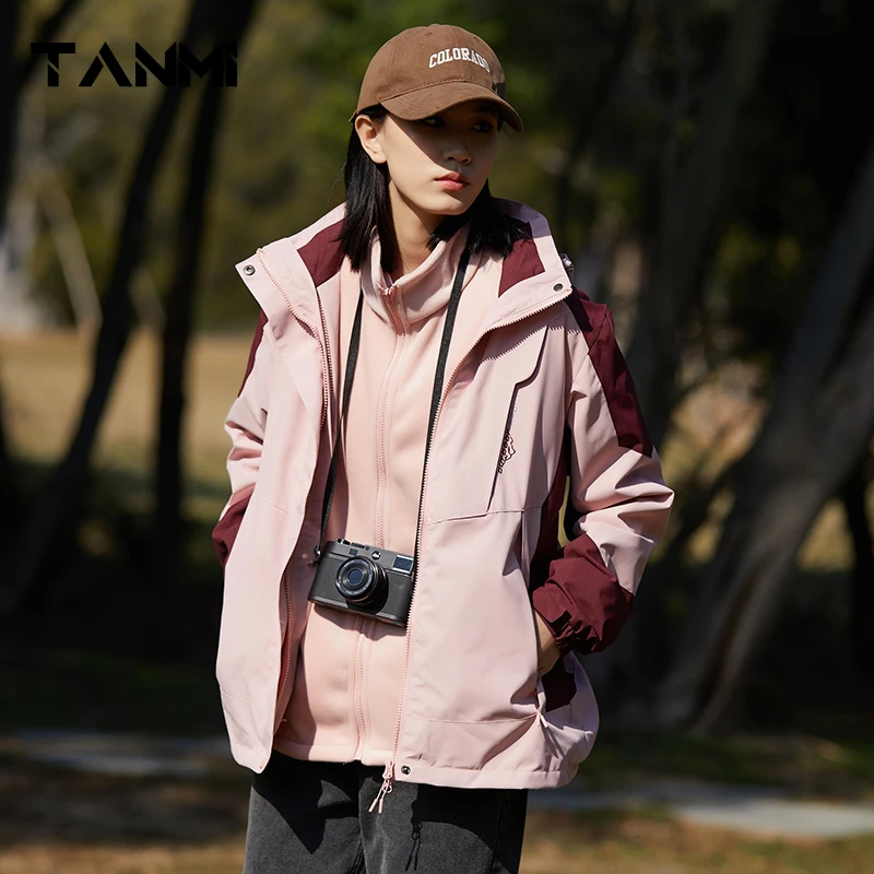 探觅运动户外防风防水情侣熊猫冲锋衣三合一可拆卸加绒登山服女款