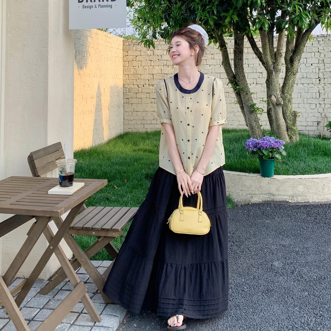 夏季新款时髦韩系撞色拼接圆领单排扣上衣高腰黑色半身裙套装