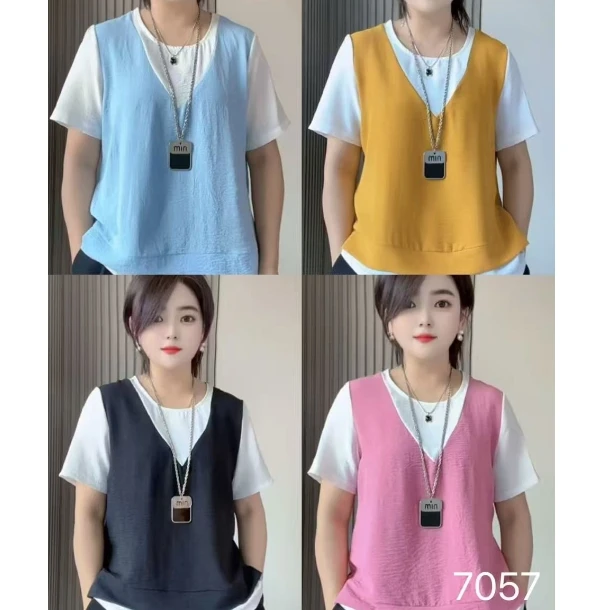 【彤彤家】7057#拼色假两件半袖上衣L/062