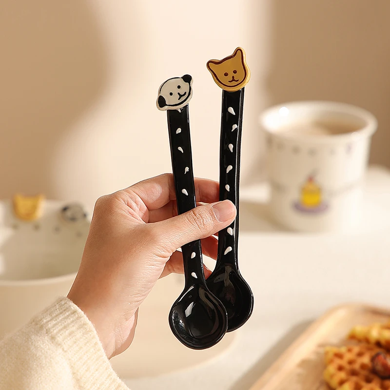 创意纽扣小狗陶瓷勺子高颜值咖啡搅拌棒搅拌勺个人专用酸奶勺