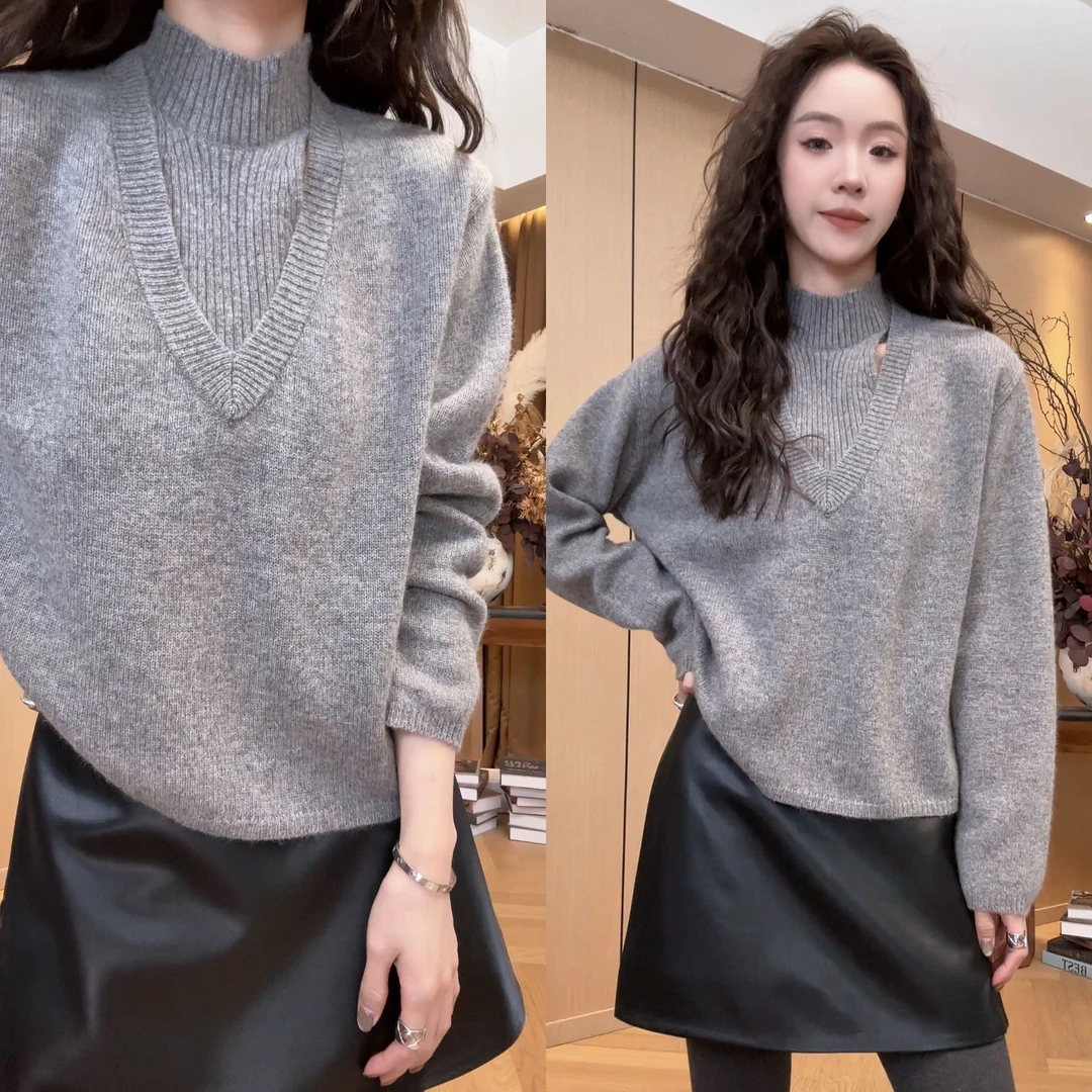 小静静一会【露肩假两件毛衣】2025冬季新款显瘦百搭上衣2512C9534