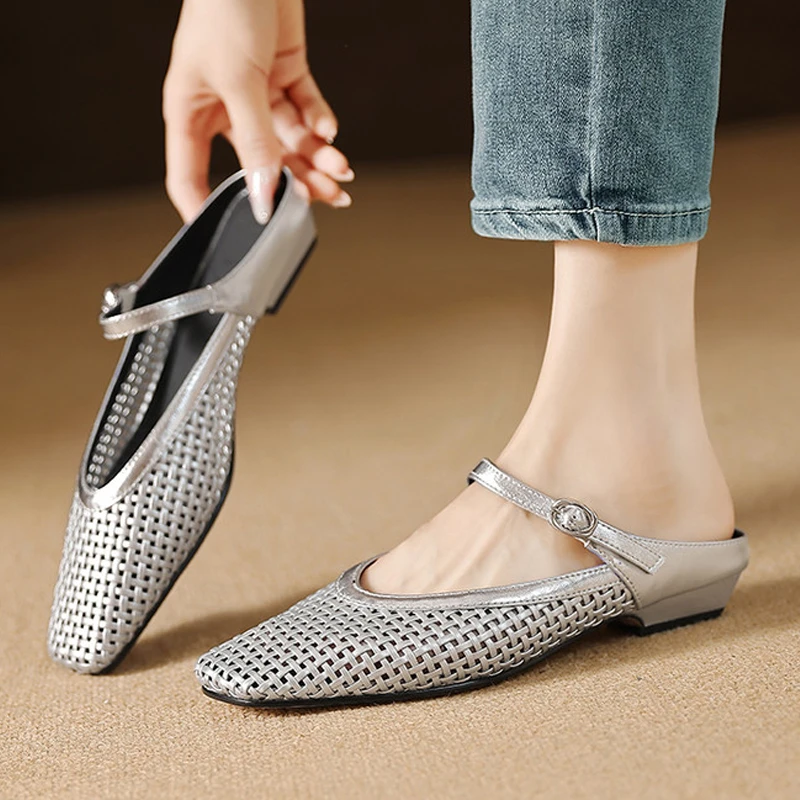 真皮半拖鞋法式镂空一字带轻奢小众鞋子方头编织包头拖鞋女鞋外穿