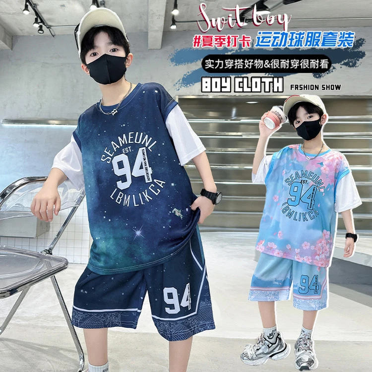 两件套夏季运动风男套头纯色字母套装男童休闲夏装薄款男孩
