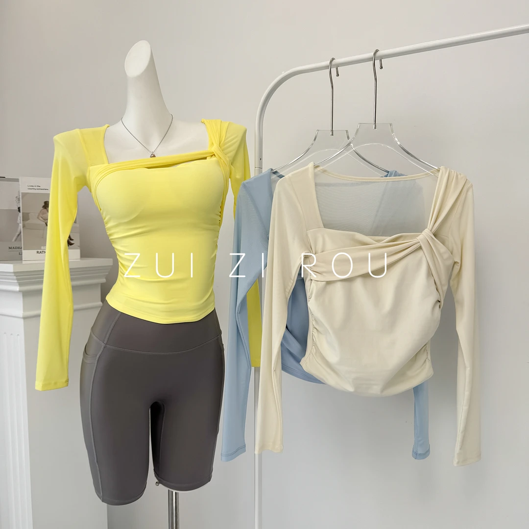 瑜伽服女带胸垫网纱长袖运动上衣春秋季绝美普拉提训练健身衣服