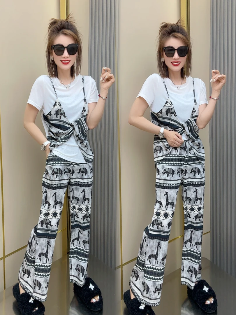 拼色大象民族风上衣+阔腿裤两件套
