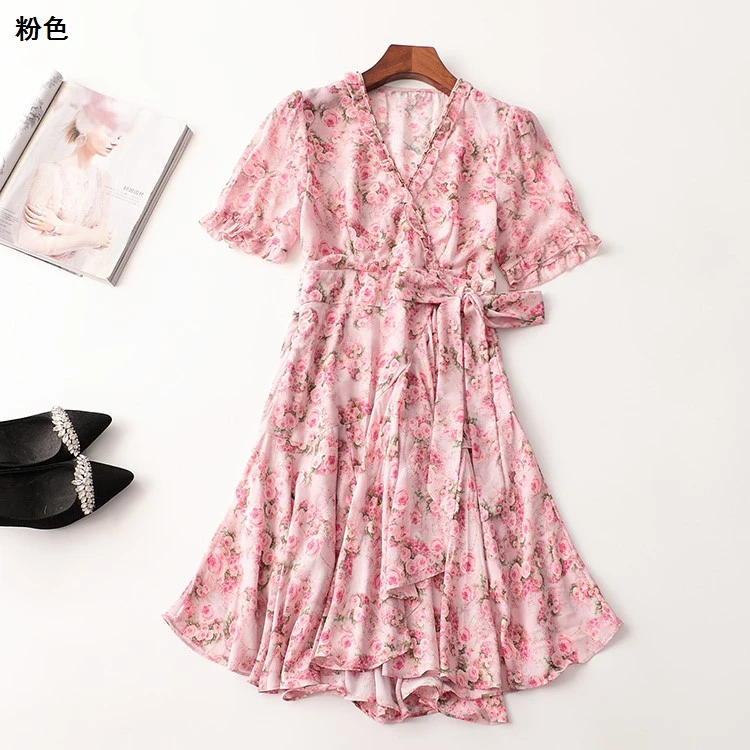 409420夏印花钉珠长款短袖V领碎花修身夏季连衣裙气质