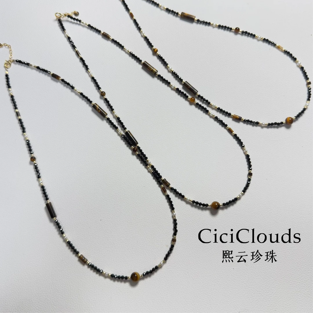 「炫黑小星球」淡水珍珠木变石黑尖晶设计款项链（多样性发一条）