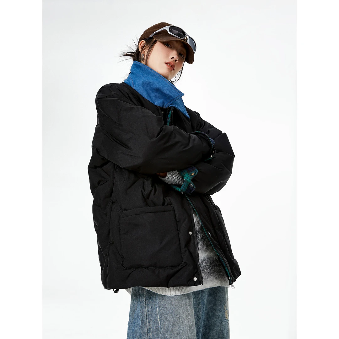 ICHMODE美式复古撞领拼接棉服休闲情侣宽松加厚保暖冬潮流中长款