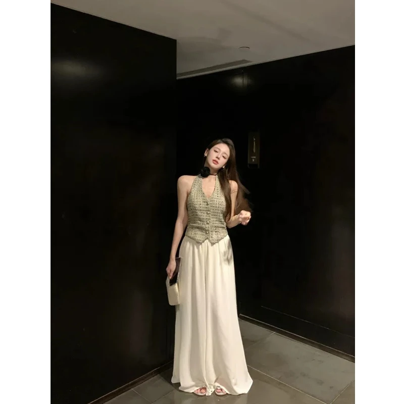小香风套装女编织无袖挂脖马甲背心女夏季高级感阔腿裤长裤两件套