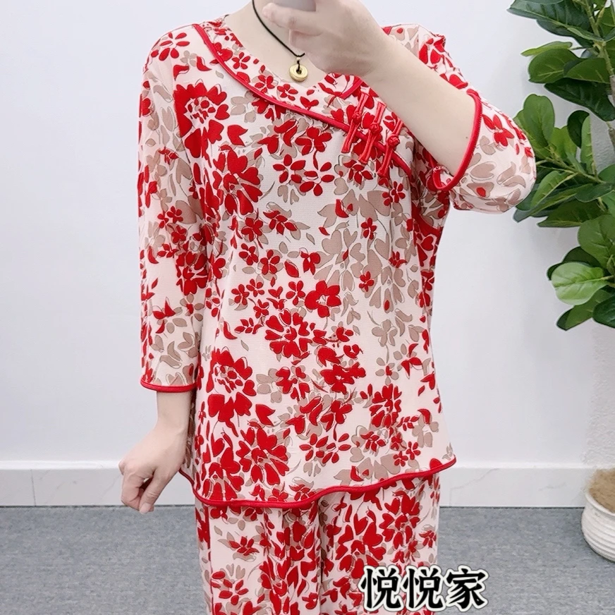夏季红色碎花中袖套装网眼家居空调服外穿