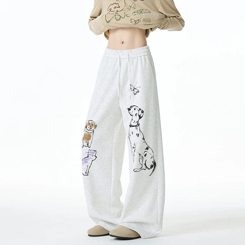 小狗印花卫裤男春秋宽松直筒垂感休闲长裤潮牌潮流美式重磅运动裤