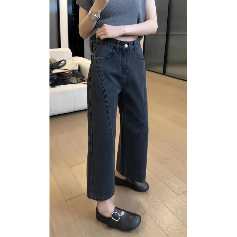 艾塔莉显瘦窄版阔腿直筒牛仔裤夏季新款百搭九分法棍遮肉裤小个子