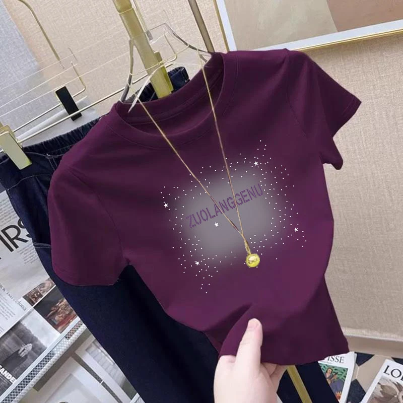 夏季短袖韩版印花t恤女高腰百搭2025新款纯棉短款遮肉圆领上衣潮