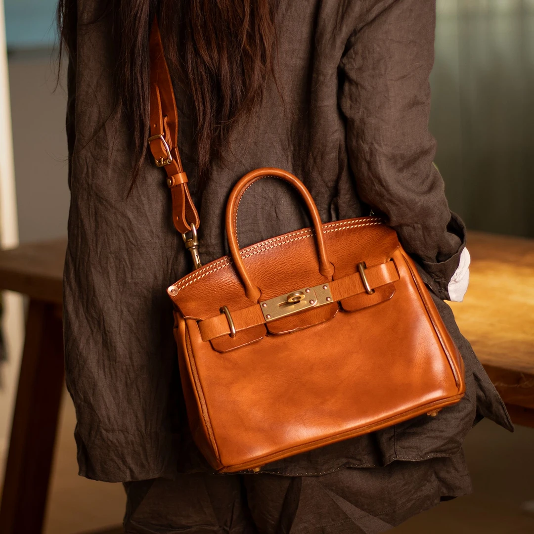 头层牛皮铂金包 重工 手工手提斜挎包7357