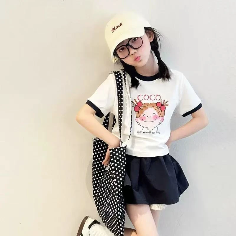 女童套装春季2025新款短袖T恤卡通可爱百搭半袖体恤儿童圆领上衣