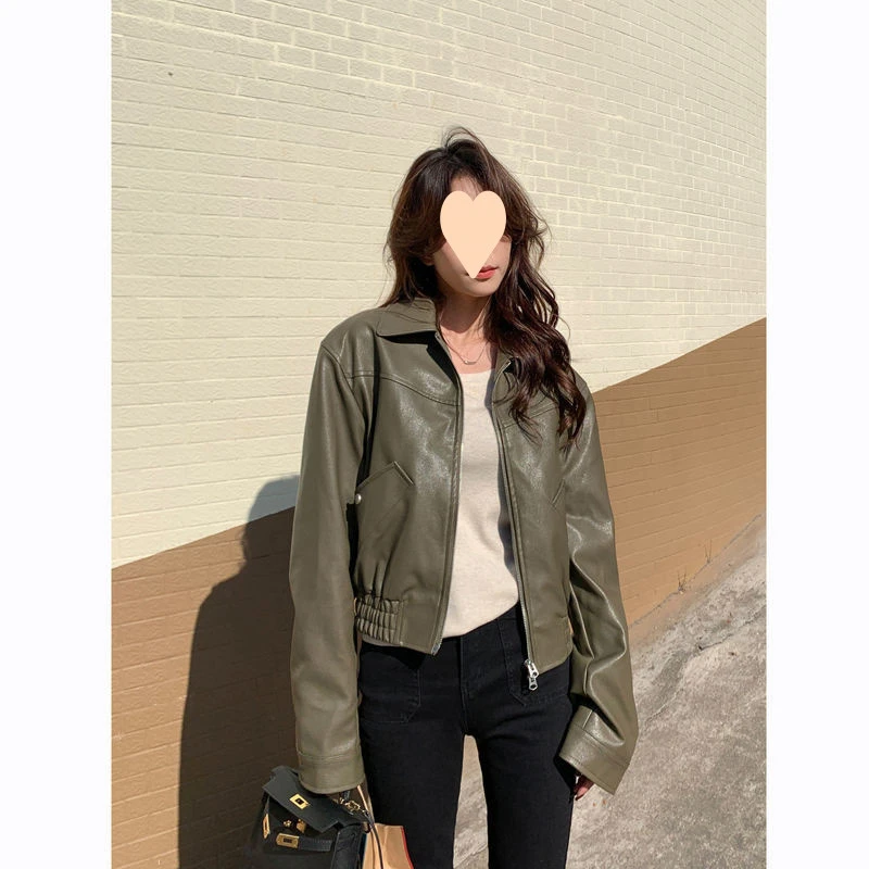 2025春季新款翻领休闲皮机车夹克上衣宽松长袖皮衣外套女