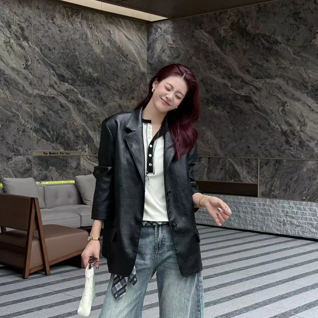 经典款黑色皮衣外套女复古西装质感小众高级感