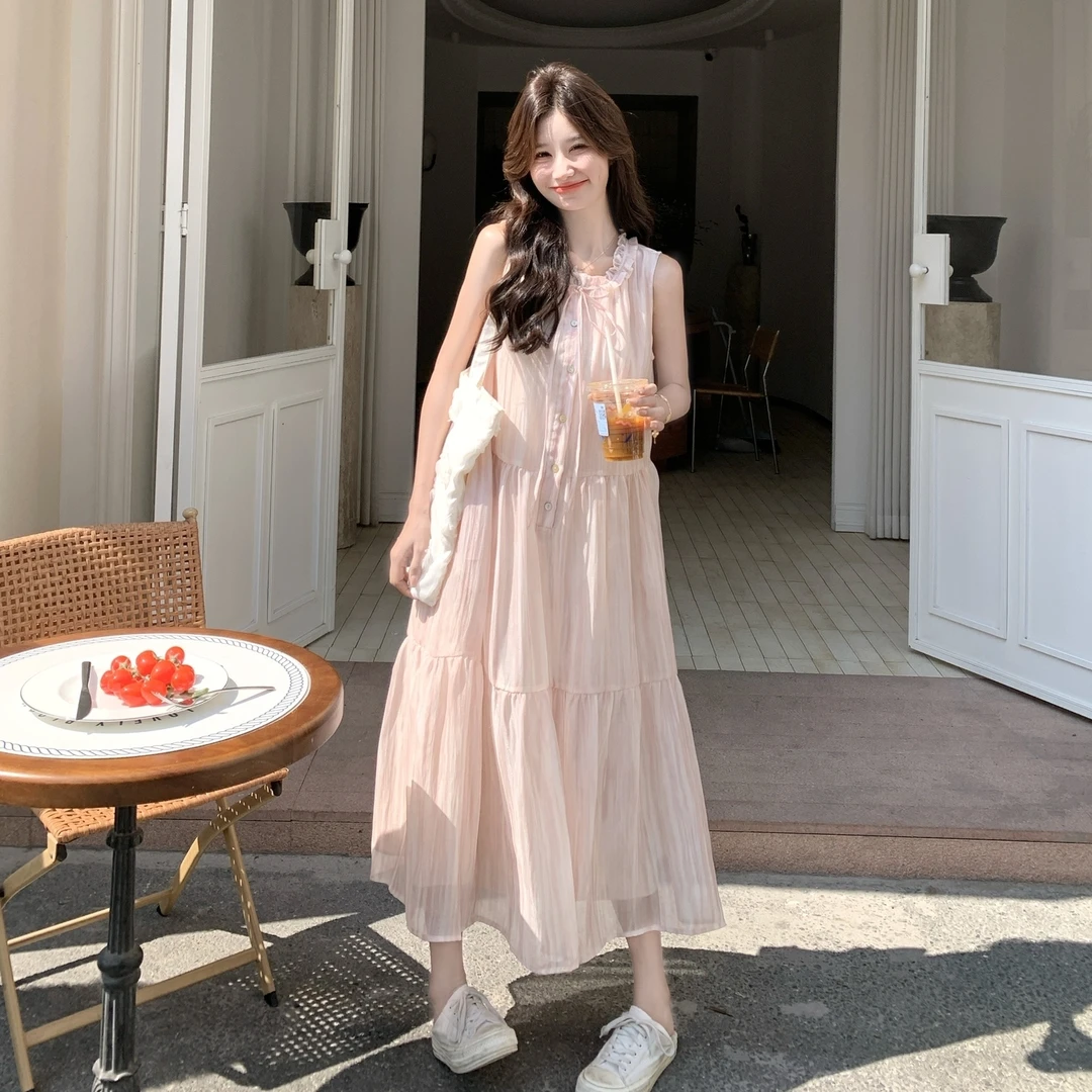 小仙女甜美粉色木耳边系带领无袖连衣裙2025夏清纯系初恋背心长裙