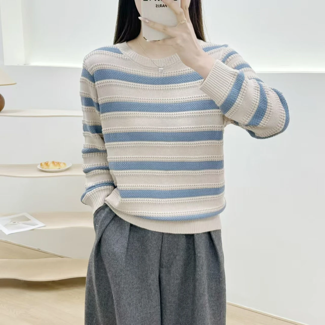 2025春秋新款女装韩版圆领复古条纹撞色气质针织长袖打底衫毛衣潮