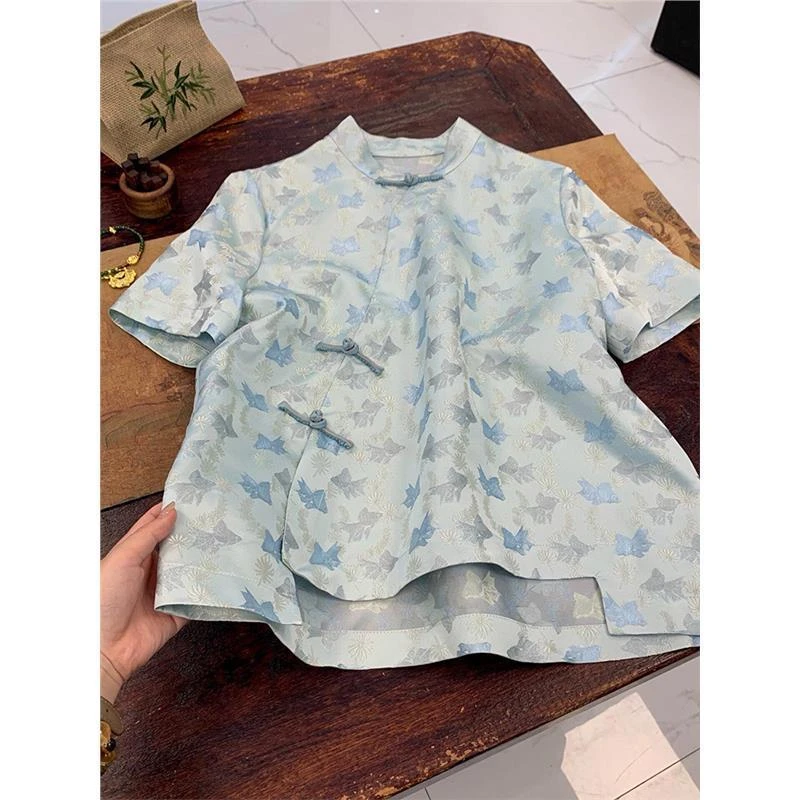 新中式国风上衣女2025夏季新款洋气减龄独特漂亮蓝色印花短袖衬衫