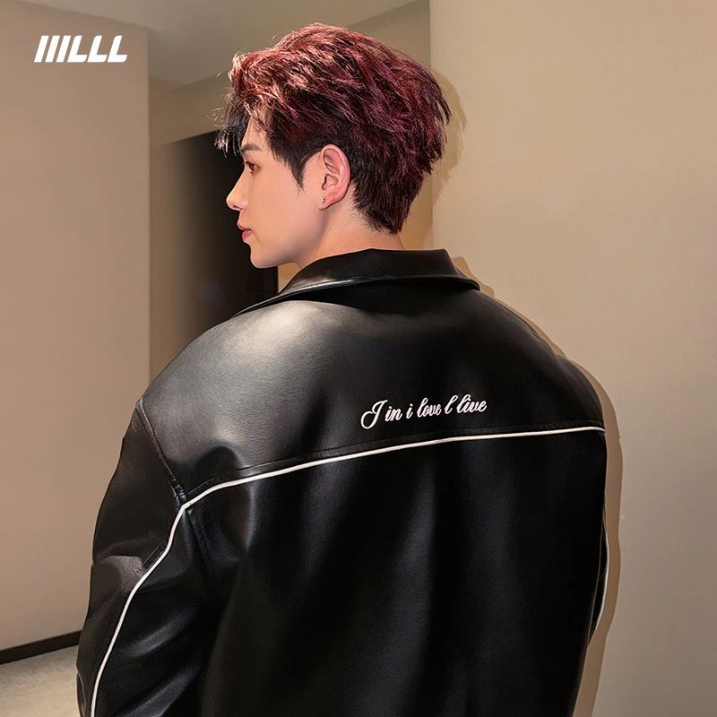 IIILLL童锦程日系复古PU皮衣男翻领加厚机车短款飞行夹克廓形外套