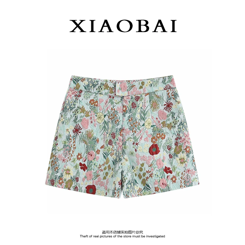 XIAOBAI 提花刺绣高腰短裤25夏季透气棉绸休闲裤碎花女款薄款裤子