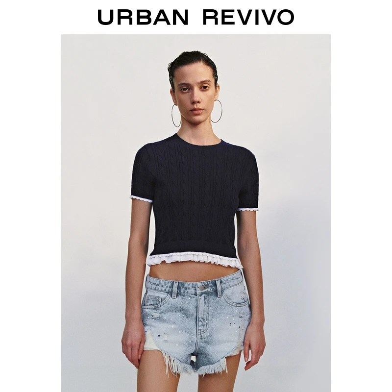 UR2025夏季新款女装贵系撞色拼接木耳边绞花短袖针织衫UYL950109