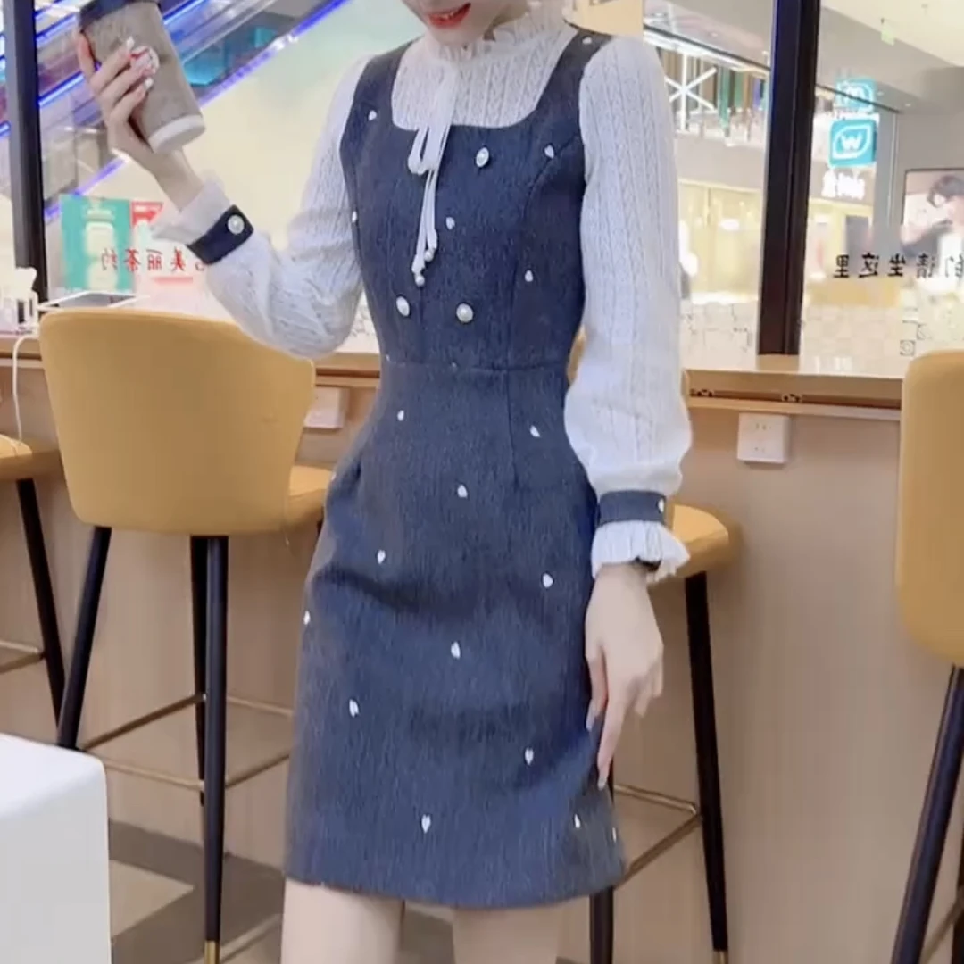 秋季新款法式名媛时尚气质假两件拼接显瘦连衣裙