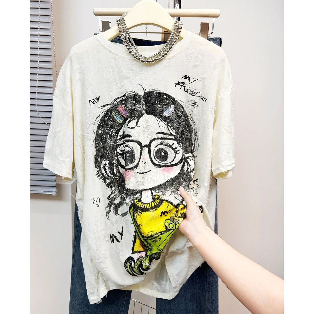 时尚高级感眼镜妹印花正肩短袖t恤女大码夏季2025新款上衣