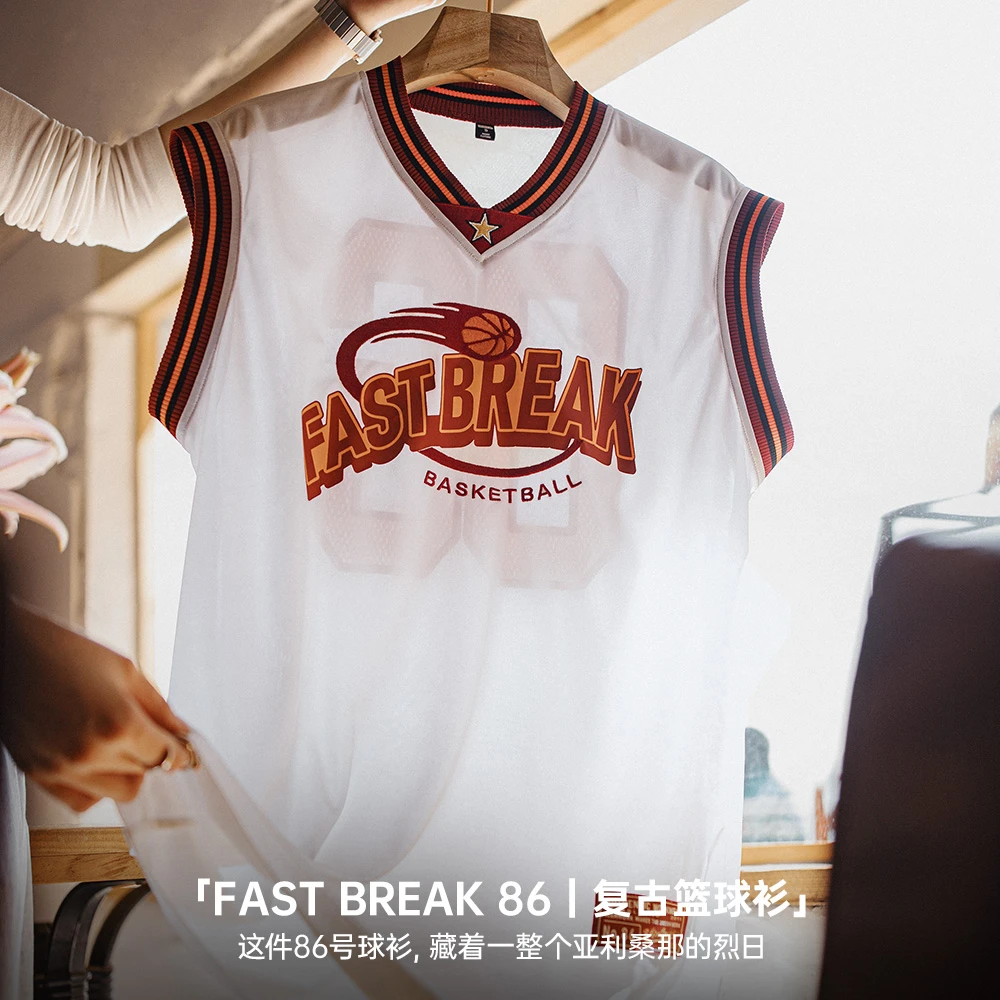 不上夏日高街运动宽松篮球服复古撞色T恤无袖慵懒球衣坎肩背心女