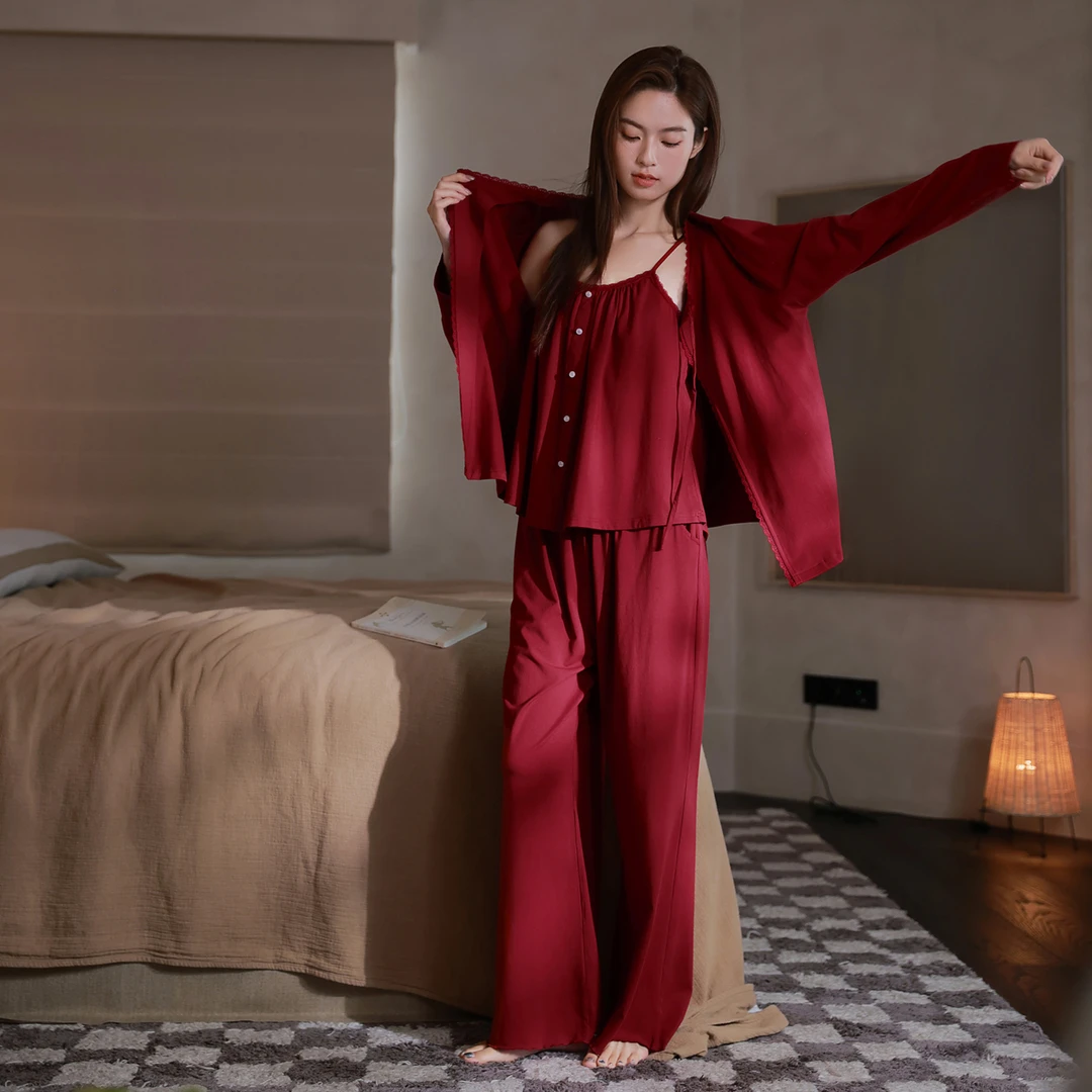 思莉太太【散漫日常】红色蕾丝睡衣女款莫代尔棉新娘结婚居家三件套