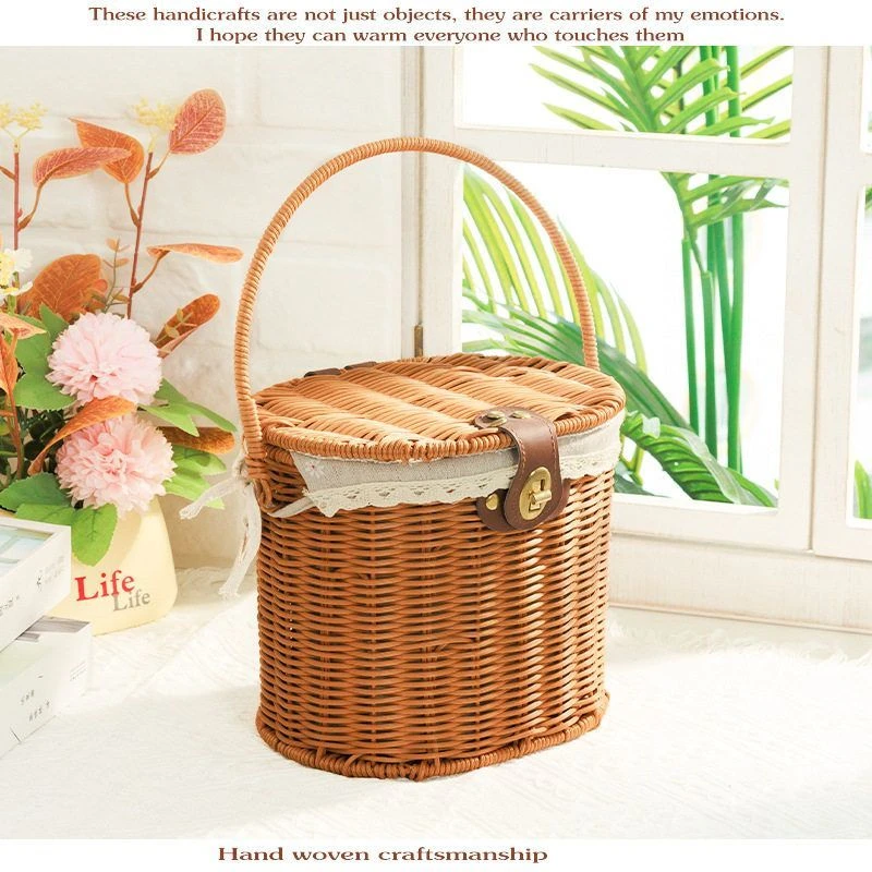 仿藤编手提户外采摘篮田园柳编购物篮水果篮礼品盒野餐篮带盖