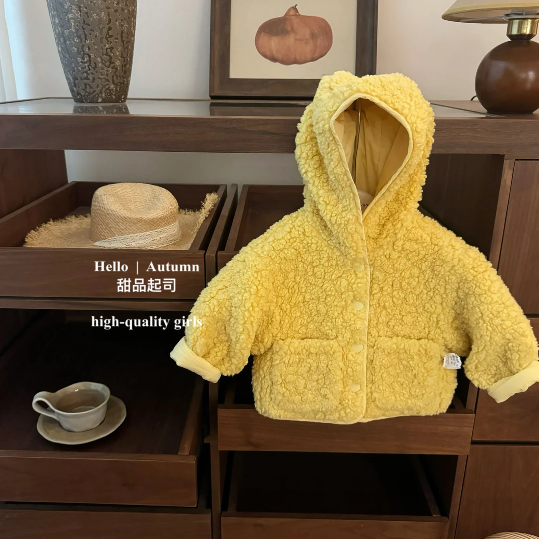 【现】【甜品起司】双面穿！韩系男女宝巨显白小鸡黄连帽洋气棉服外套