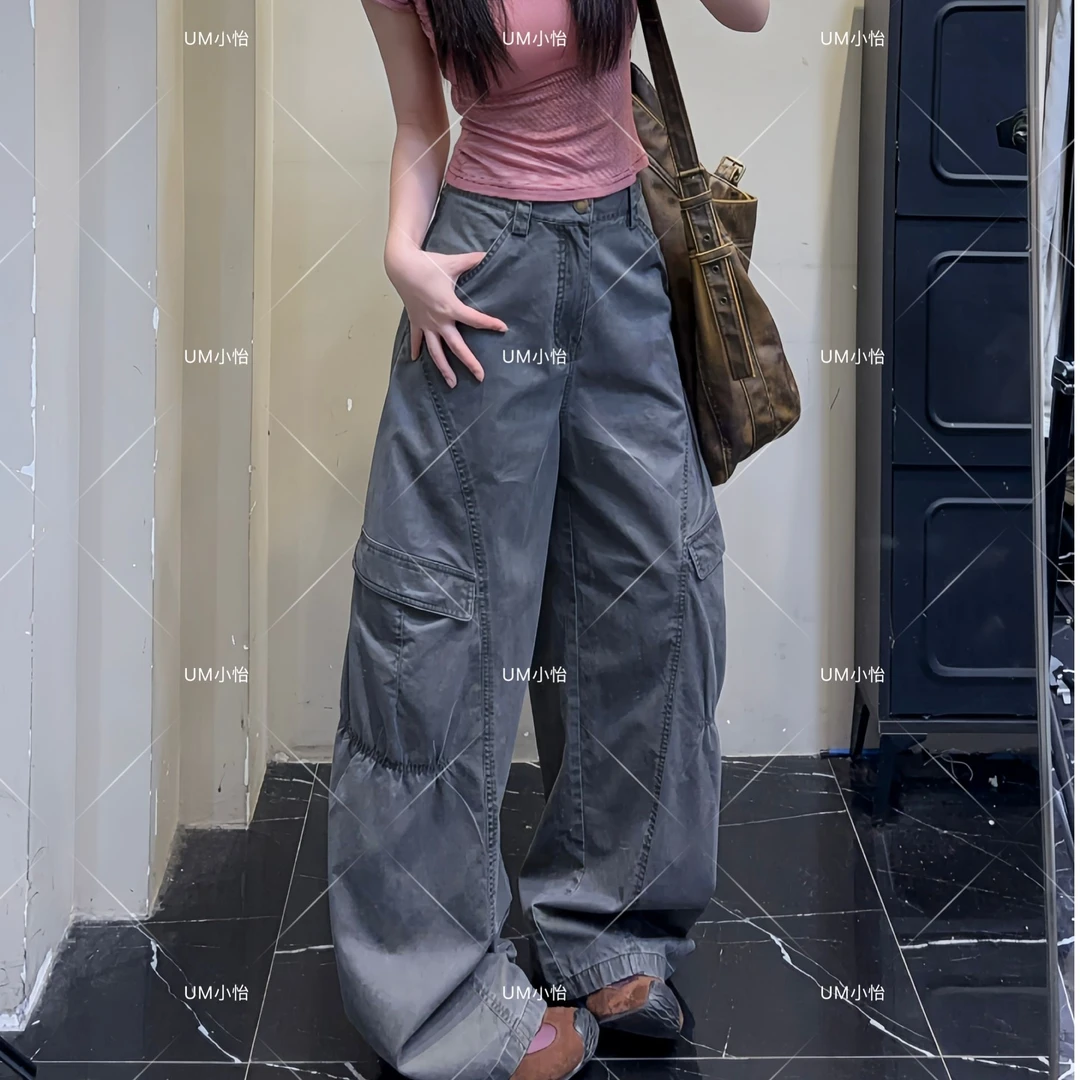 鑫怡定制【奔赴夏日】夏季新款女褶皱设计大口袋宽松阔腿弯刀拖地裤