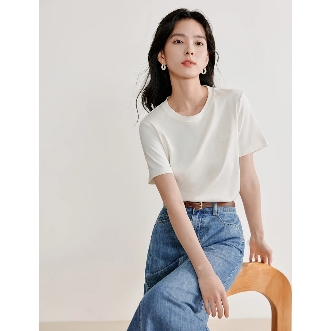 【商场同款】茵曼夏季女T恤短袖显瘦纯棉新款休闲圆领正肩肩上时尚