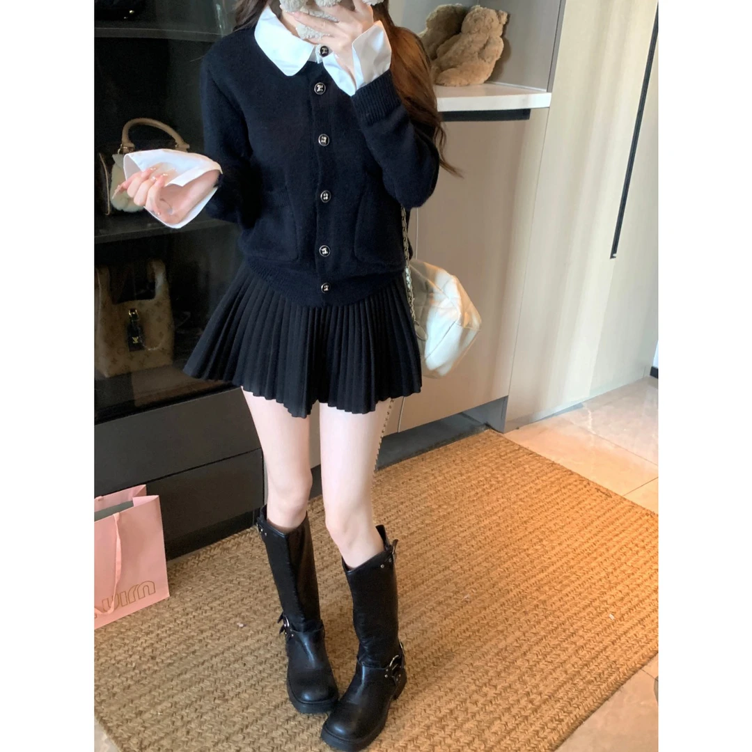学院风撞色拼接假两件毛衣开衫女秋冬2025新款宽松显瘦针织上衣潮
