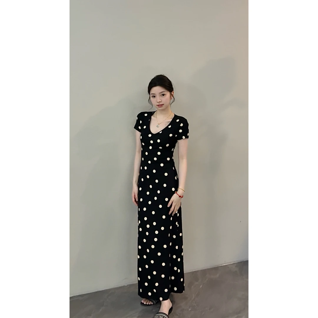 【颂宋】夏季新款法式小飞袖波点连衣裙中长款波点长裙DT1336