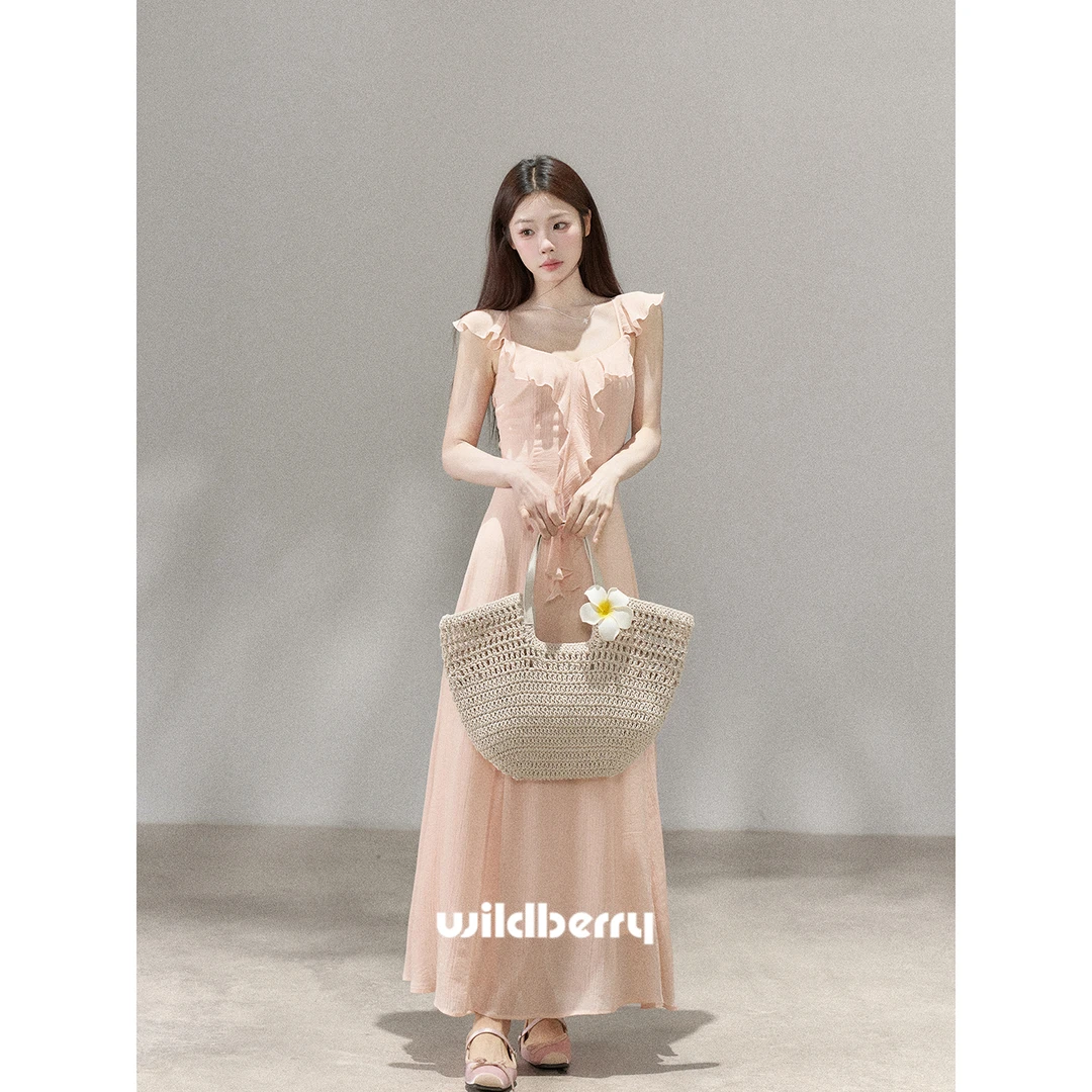 小野莓【露浸白桃】4月30夏季新品长款荷叶边肩带连衣裙子BL712819