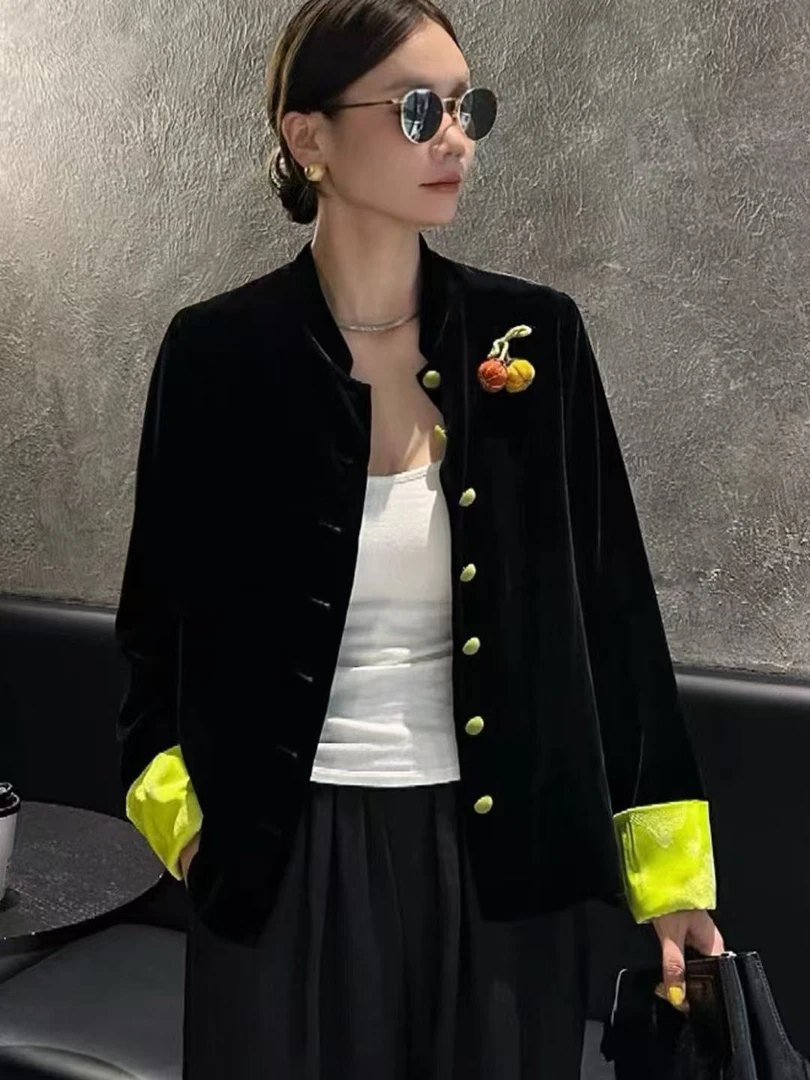 国风丝绒外套女2025年秋季新款盘扣宽松休闲新中式外套上衣8093