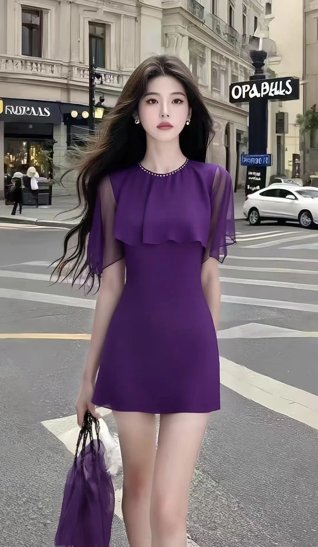 轻熟知性风紫色设计感圆领修身收腰连衣裙女时尚气质氛围感女装